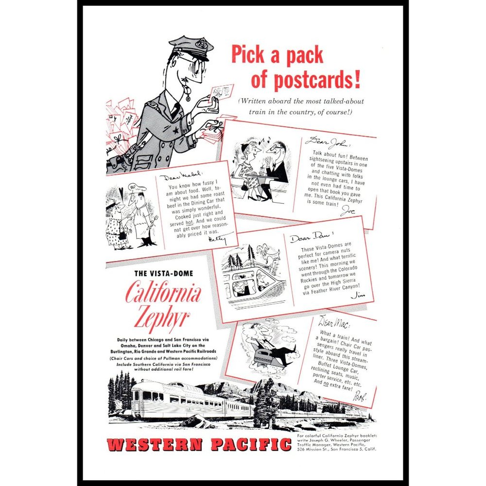 1953 Western Pacific Railroad California Zephyr Vista-Dome Vintage Print Ad Art